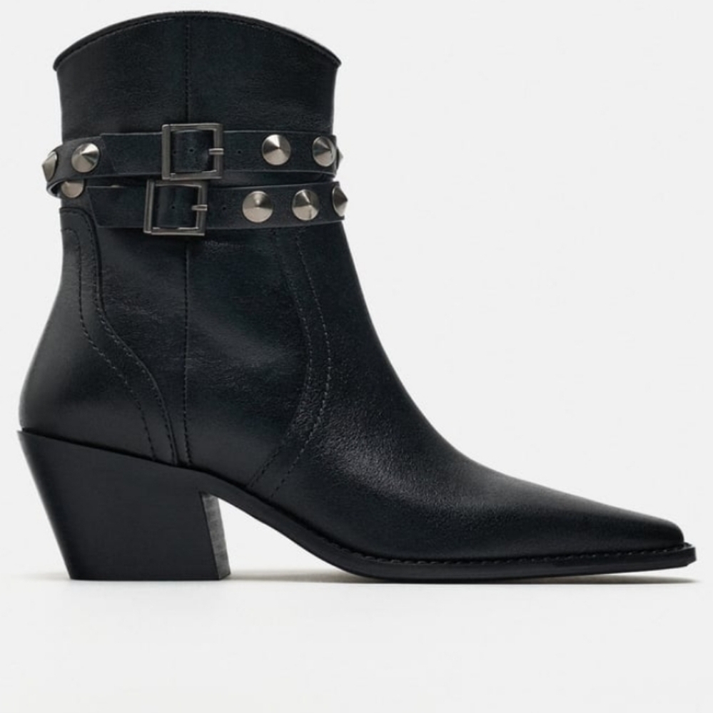 Zara Leather strap studded Cowboy Ankle Boots - Picture 5 of 14